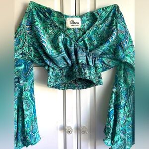 Rhea Boho Paisley Two Piece Set Bell Sleeve Crop Top & Tiered Maxi Skirt OS 💚💙🩵